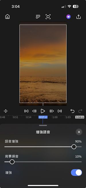 透過增強切換所啟動的語音增強和背景雜訊滑桿，增強語音面板。