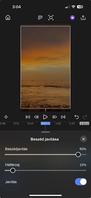 Hang javítása panel, amelyen a Javítás kapcsoló aktiválása miatt aktiválva van a Beszédjavítás és a Háttérzaj csúszka.