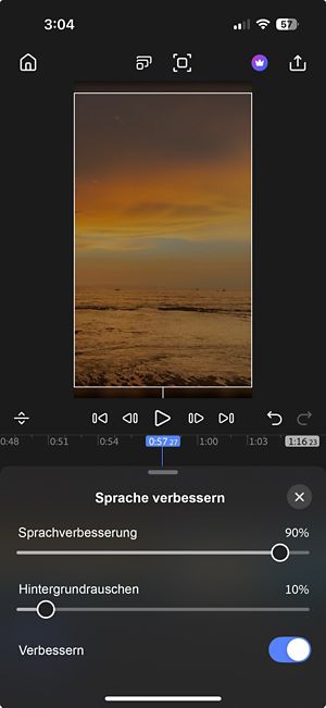 Bedienfeld Sprache verbessern mit den Schiebereglern Sprachverbesserung und Hintergrundgeräusche, die über den Umschalter Verbessern aktiviert werden.