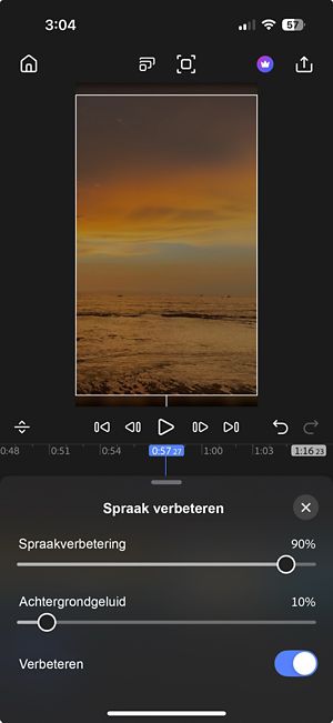 Deelvenster Spraak verbeteren met de schuifregelaars Spraakverbetering en Achtergrondgeluid die u kunt activeren via de schakelaar Verbeteren.