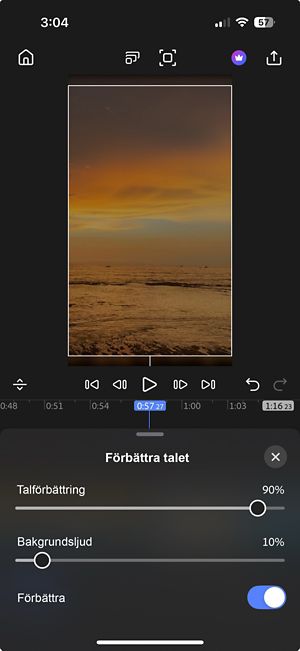 Panelen Förbättra tal med reglagen för Talförbättring och Bakgrundsljud aktiverade med växlingsknappen Förbättra.