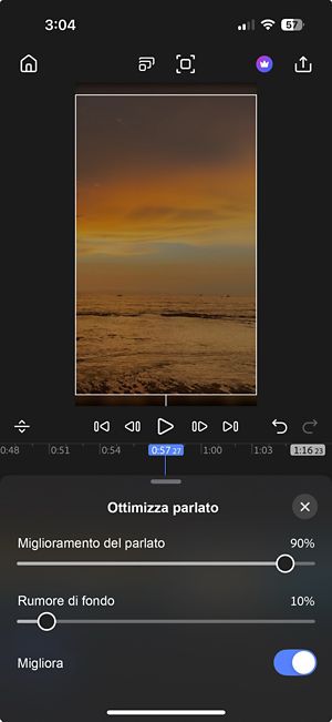 Pannello Ottimizza discorso con cursori per Miglioramento discorso e Rumore di fondo attivati tramite interruttore Ottimizza.