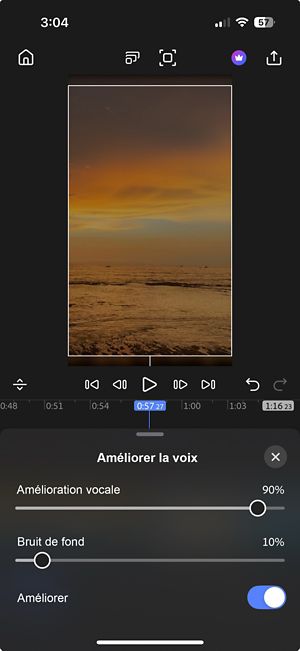 Panneau Amélioration vocale avec des curseurs d’amélioration de la parole et de bruit de fond activés par le réglage Améliorer.