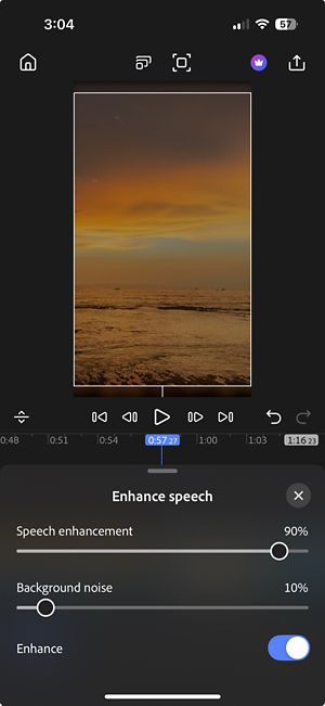 Enhance speech panel with Speech enhancement and Background noise sliders activated by the Enhance toggle.