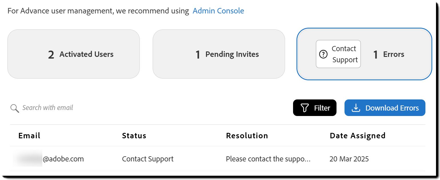 Page Utilisateurs affichant la vue Erreurs
