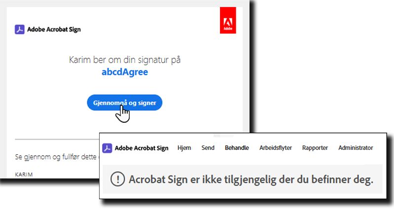 Et e-postvarsel om å gjennomgå og signere en avtale med den blokkerte geofeil-meldingen som er lagt over den.