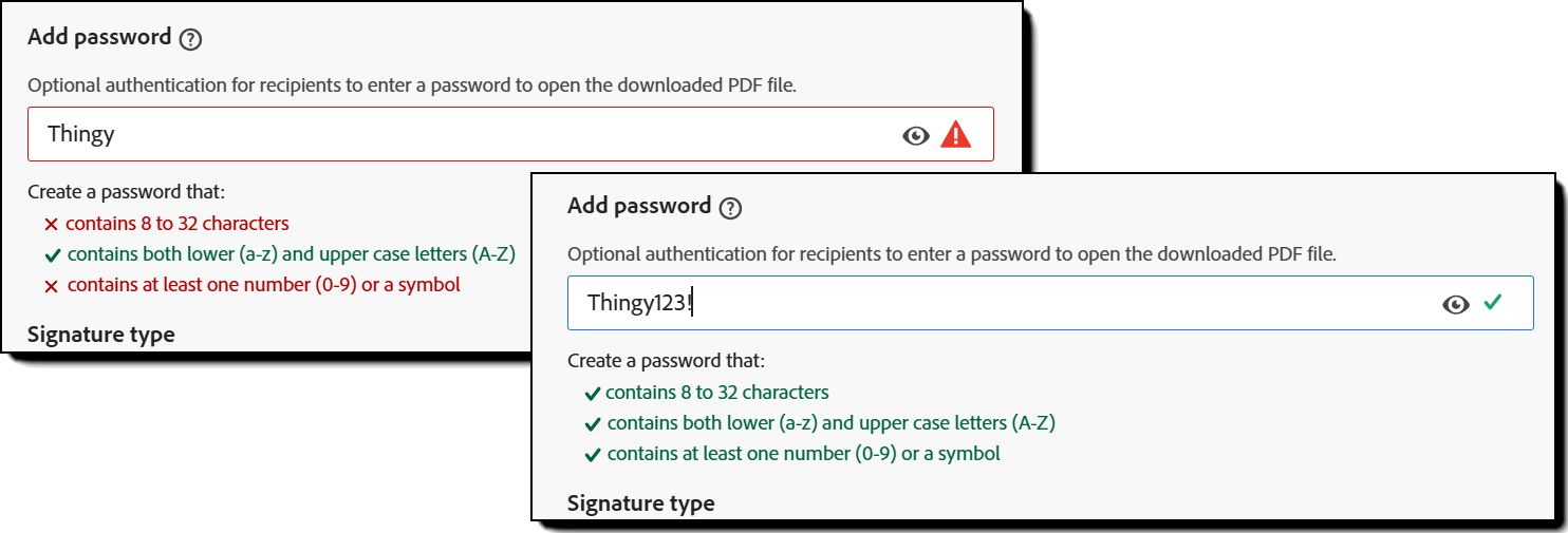 Due visualizzazioni della sezione “Aggiungi password”: una con elementi mancanti e il testo evidenziato in rosso; l’altra con tutti gli elementi inclusi e tutto il testo in verde.