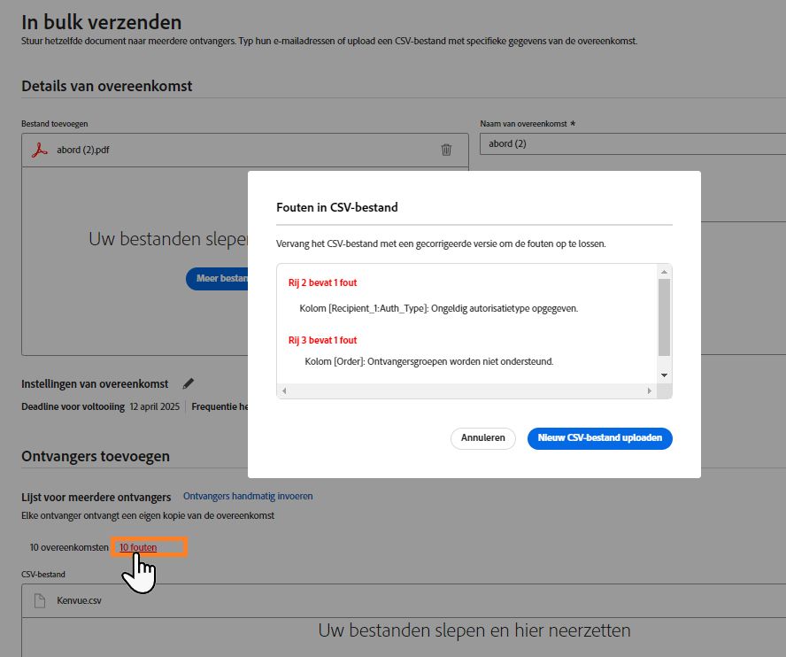 Voorbeeld van een foutenrapport van gegenereerde onderliggende overeenkomsten op de bovenliggende sjabloon