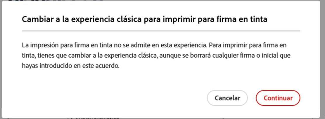 El mensaje se emite para confirmar el cambio a una solución de impresión, firma y carga.