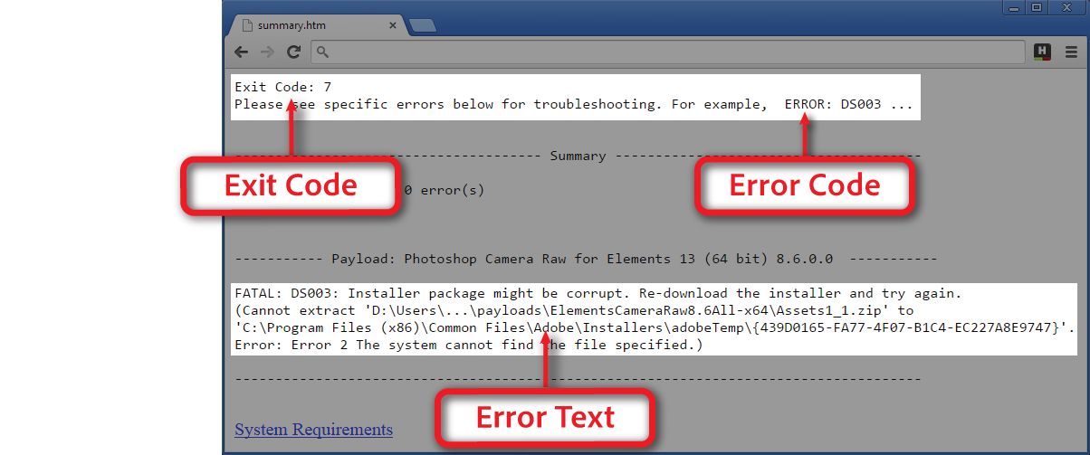 ブラウザーに表示された Photoshop Elements 13 エラーの概要