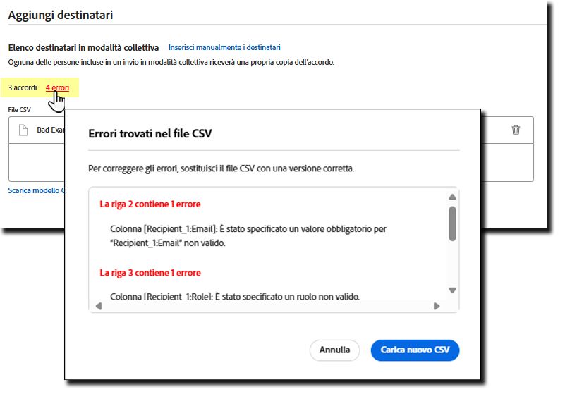 Sezione “Aggiungi destinatari” dell’interfaccia Invia in modalità collettiva con un collegamento di errore evidenziato e il rapporto di errore inserito.