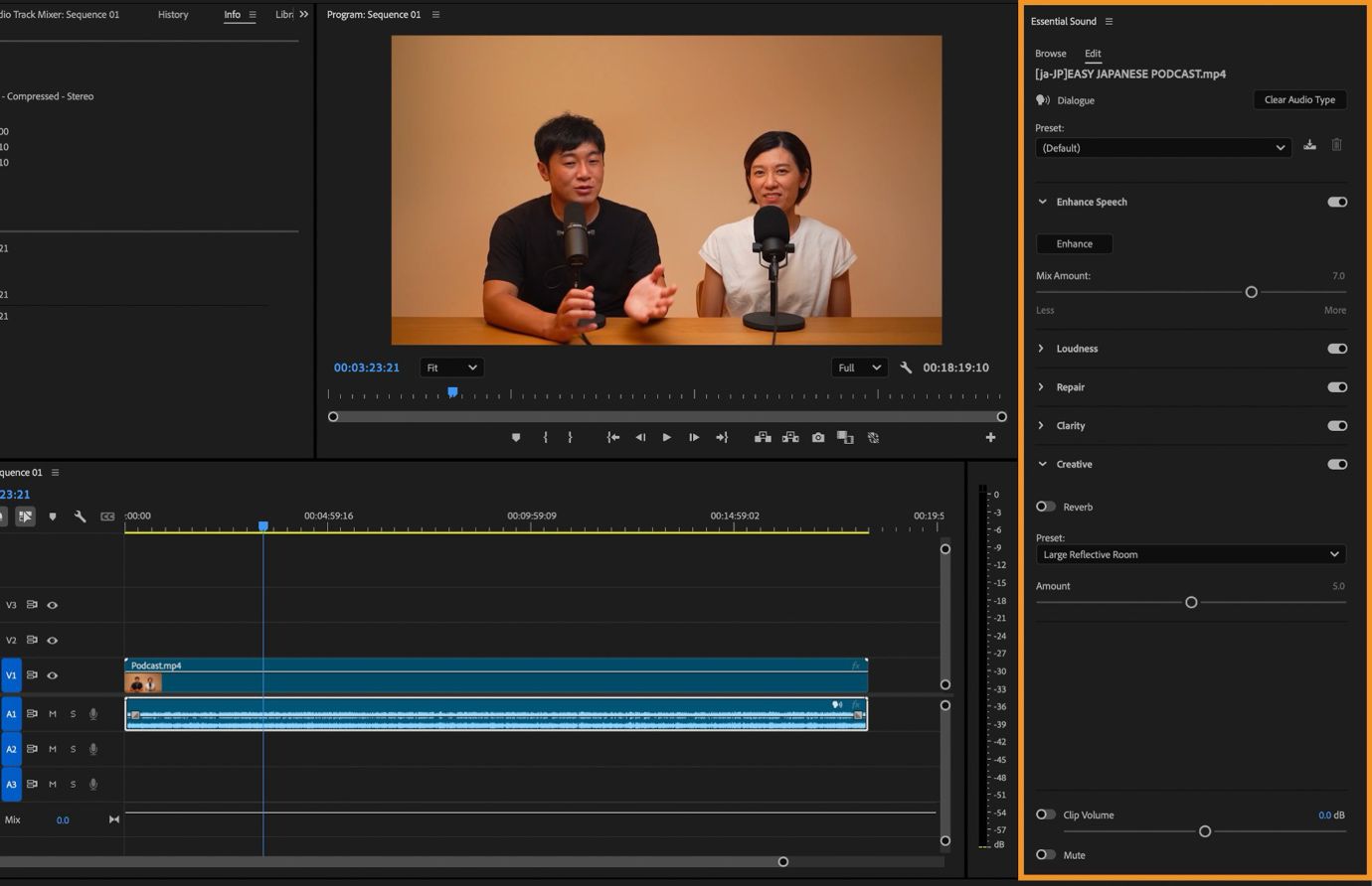 Panel Essential Sound en Premiere Pro con el tipo de audio de diálogo seleccionado y opciones para mejorar el habla, ajustar el volumen y aplicar efectos creativos resaltados.