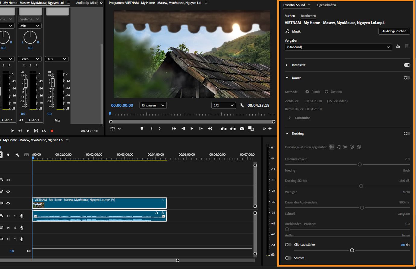 Bedienfeld „Essential Sound“ in Premiere Pro mit ausgewähltem Dialog-Audiotyp und hervorgehobenen Optionen zur Verbesserung der Sprache, Anpassung der Lautstärke und Anwendung kreativer Effekte.