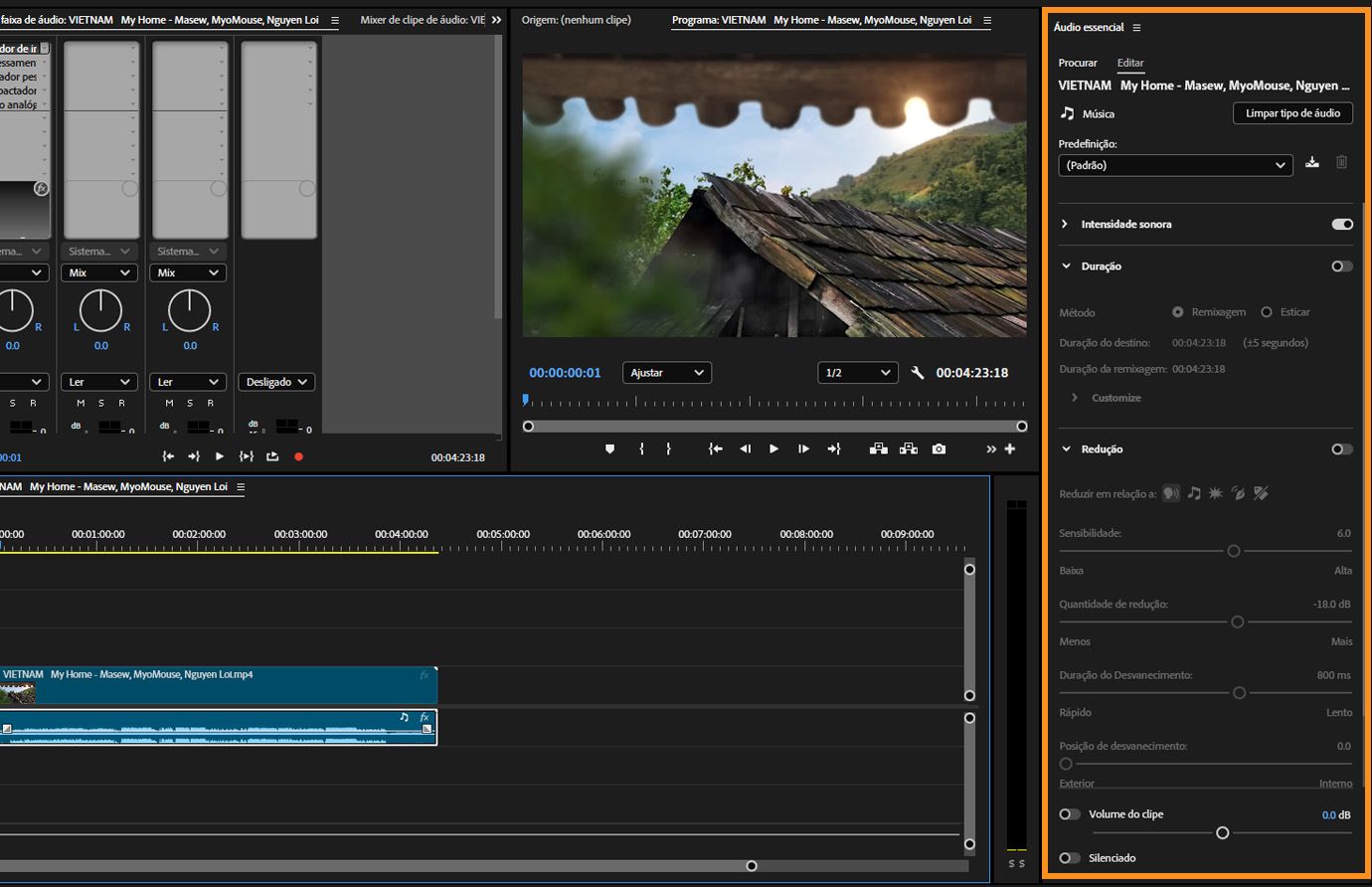Painel Essential Sound no Premiere Pro com o tipo de áudio de diálogo selecionado e opções para aprimorar a fala, ajustar o volume e aplicar efeitos criativos destacados.