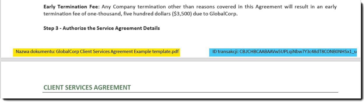 Przykład nazwy dokumentu i identyfikatora transakcji u dołu strony umowy.