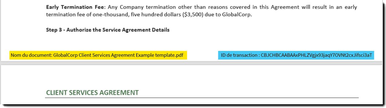 Exemple d’un nom de document et d’un ID de transaction au bas d’une page d’accord.