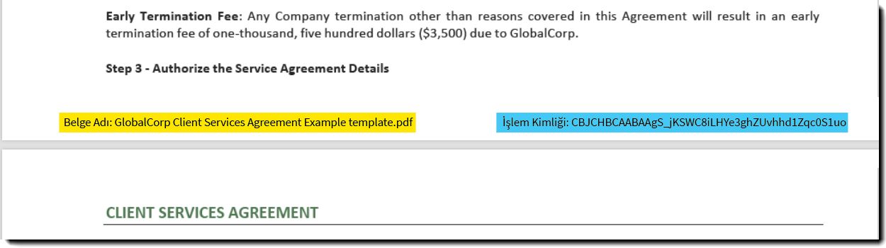 Sözleşme sayfasının alt kısmındaki belge adı ve işlem kimliği örneği.