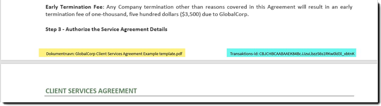 Eksempel på dokumentnavnet og transaktions-id'et nederst på en aftaleside.