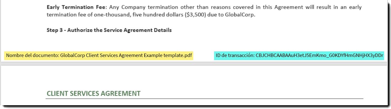 Ejemplo del nombre del documento y el ID de transacción en la parte inferior de una página del acuerdo.