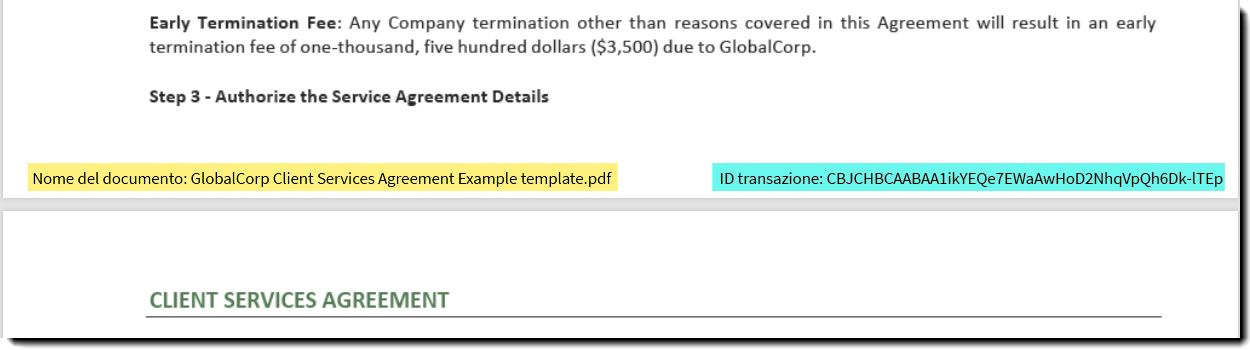 Esempio del nome del documento e dell’ID della transazione nella parte inferiore di una pagina dell’accordo.