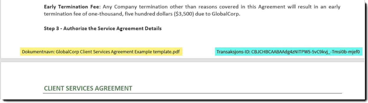Eksempel på dokumentnavn og transaksjons-ID nederst på en avtaleside.