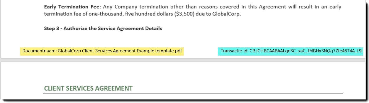 Voorbeeld van de documentnaam en transactie-ID onderaan een overeenkomstpagina.