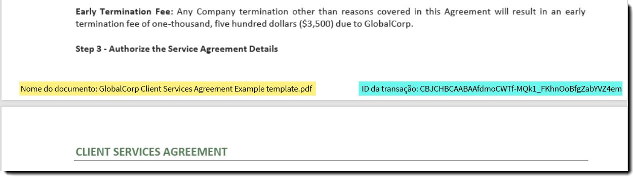 Exemplo do nome do documento e da transactionId na parte inferior de uma página de contrato.