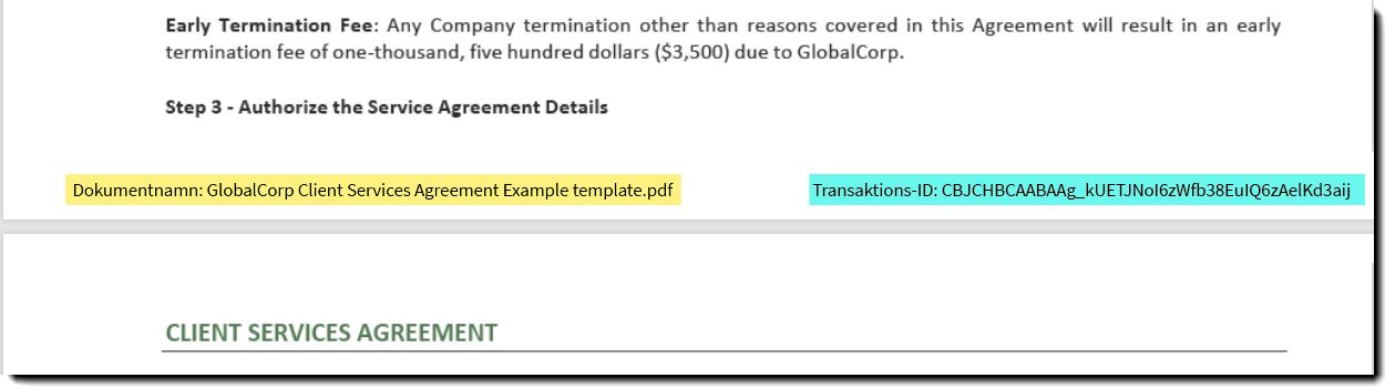 Exempel på dokumentnamn och transaktions-ID längst ned på en avtalssida.