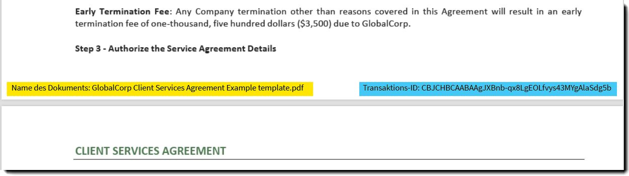Beispielhafter Dokumentname mit Transaktions-ID unten auf einer Vereinbarungsseite.
