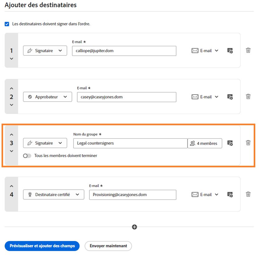 Exemple de liste de destinataires avec un groupe de destinataires mis en évidence