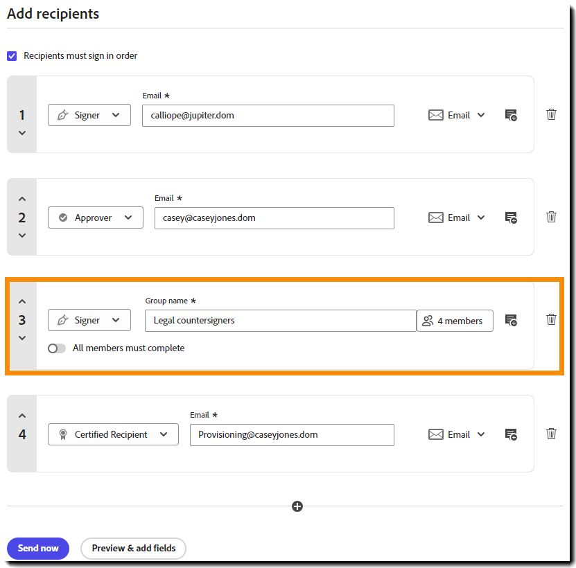 Eksempel på modtagerliste med en modtagergruppe fremhævet