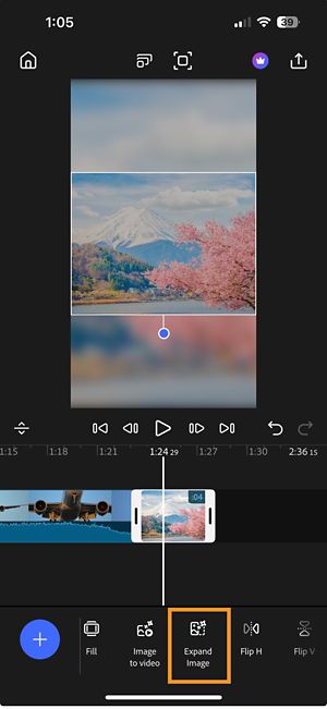 Expand Image option highlighted in the toolbar to extend the selected image in the timeline.
