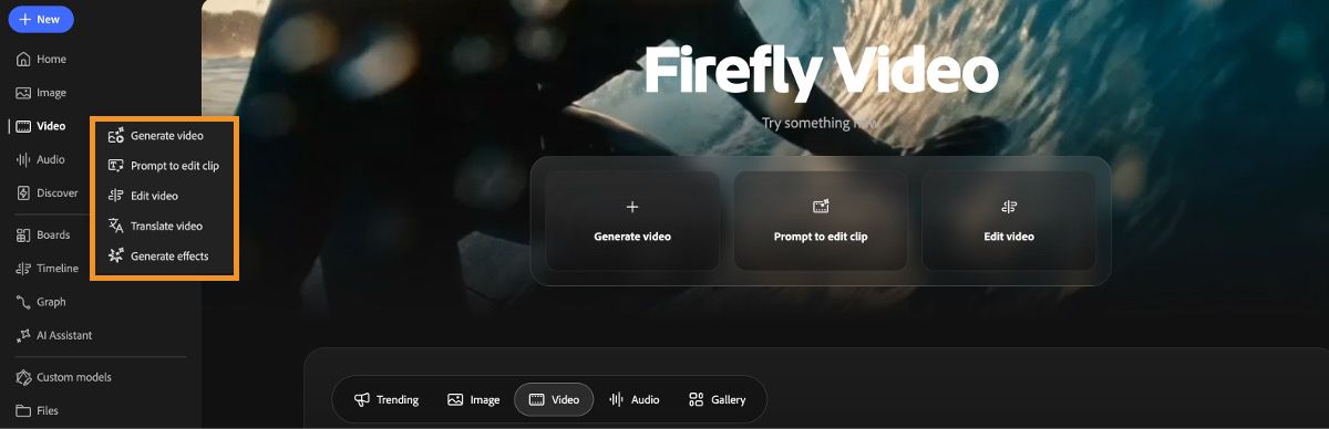 Expanded Video menu listing options for generating, editing, and translating videos.