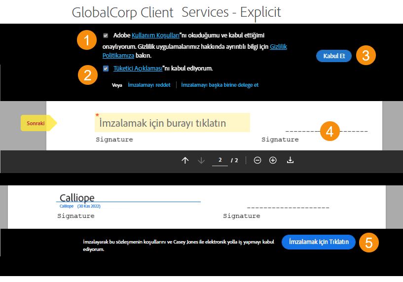 ToU ve CD metinlerini kabul etmek için görüntülemeden önce açık izin adımları
