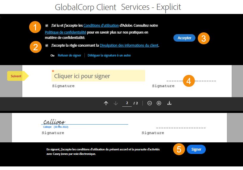 Étapes de consentement explicite avant de consulter l’accord pour accepter les conditions d’utilisation et la règle concernant la divulgation des informations du client