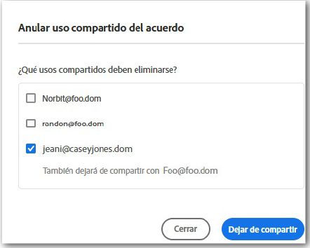 La interfaz del acuerdo Anular uso compartido con tres usuarios incluidos y uno seleccionado.