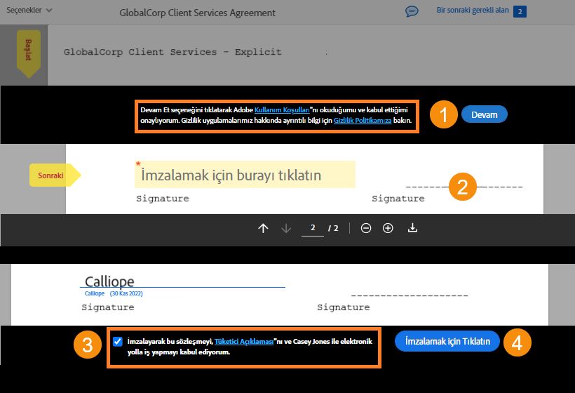ToU ve CD metinlerini kabul etmek için imza sırasında açık izin adımları