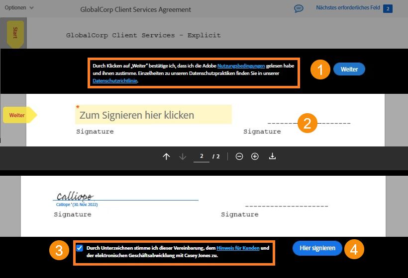 Schritte für die Zustimmung zu den Nutzungsbedingungen und dem Hinweis für Kund*innen bei „Ausdrückliche Zustimmung beim Signieren“