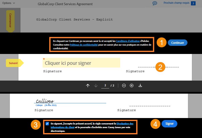 Étapes de consentement explicite lors de la signature pour accepter les conditions d’utilisation et la règle concernant la divulgation des informations du client