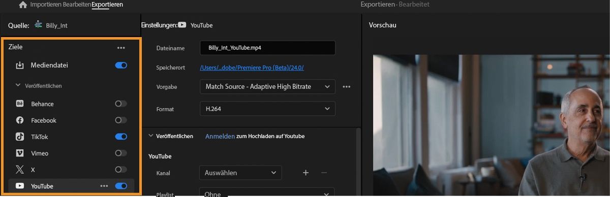 Benutzeroberfläche der Registerkarte „Exportieren“, auf der verschiedene Social-Media-Plattformen gezeigt werden, auf die Medien exportiert werden können.