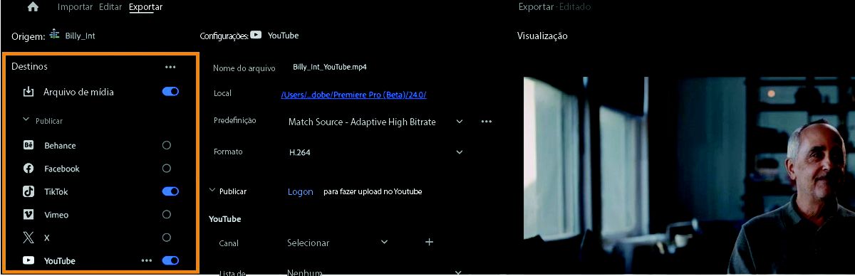 Interface da guia Exportar que mostra várias plataformas de redes sociais para as quais sua mídia pode ser exportada.