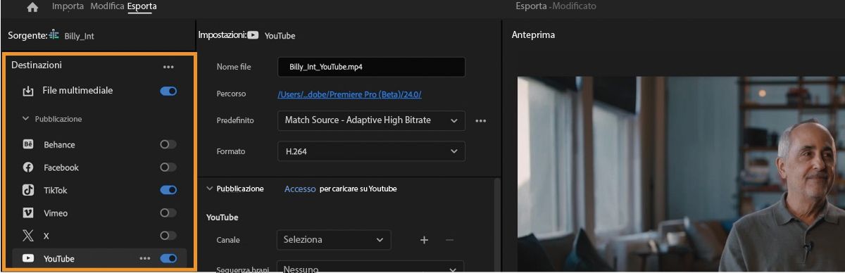 Interfaccia utente della scheda Esporta che mostra varie piattaforme di social media in cui è possibile esportare i file multimediali.