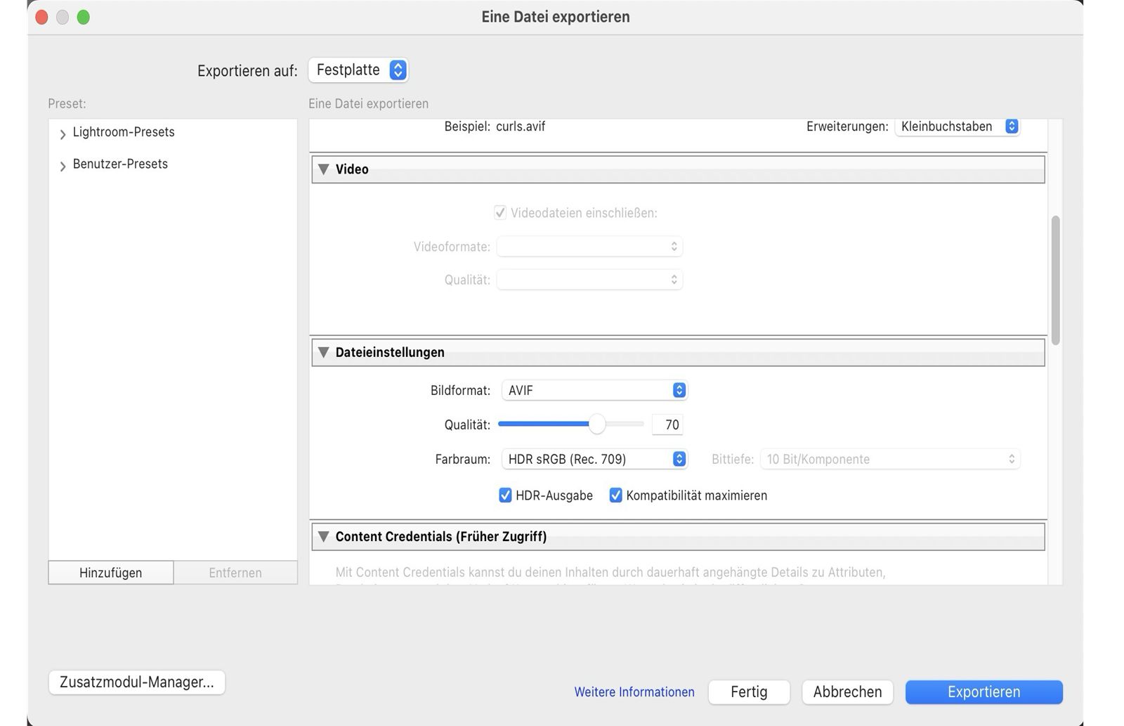 HDR-Einstellung exportieren