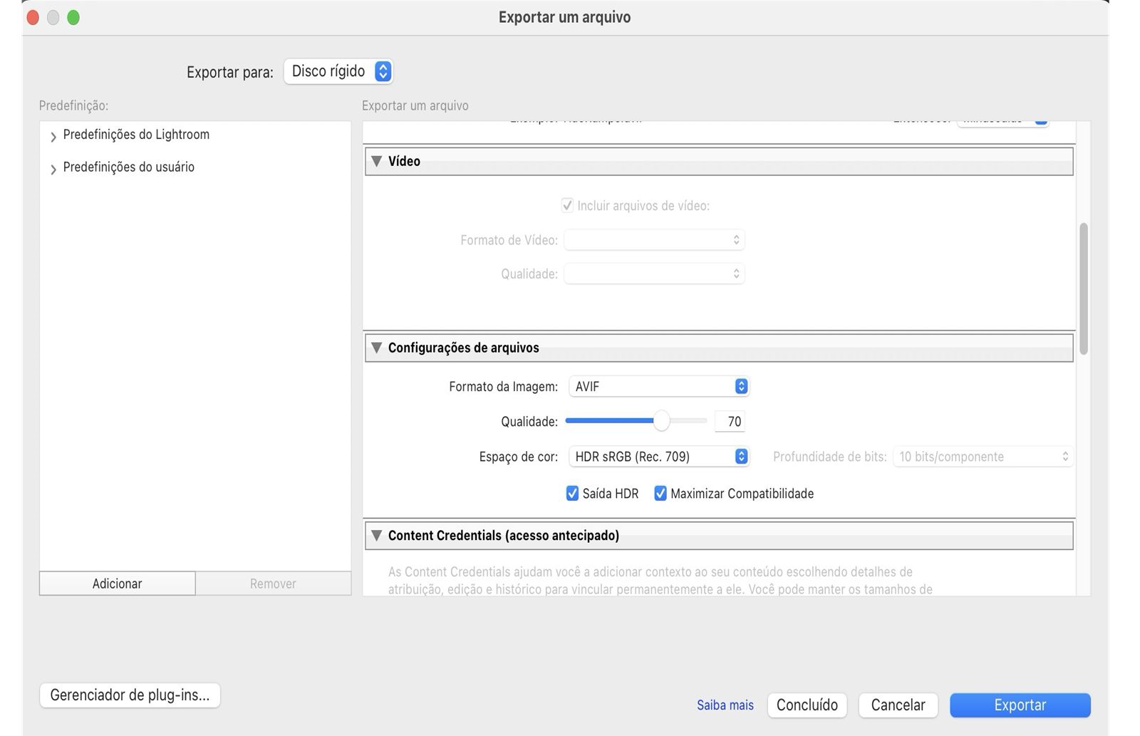 Exportar configuração de HDR