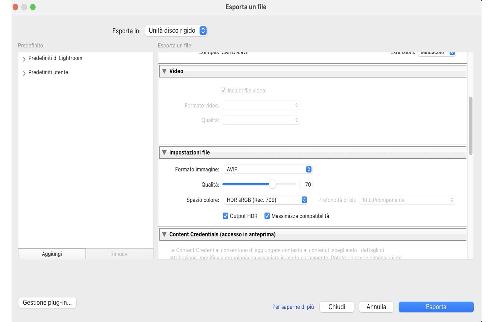 Impostazione Esporta HDR
