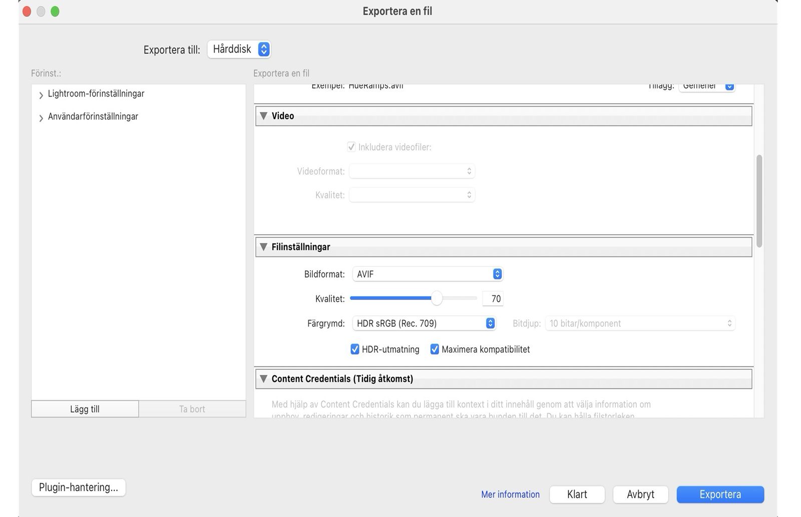 Exportera HDR-inställning