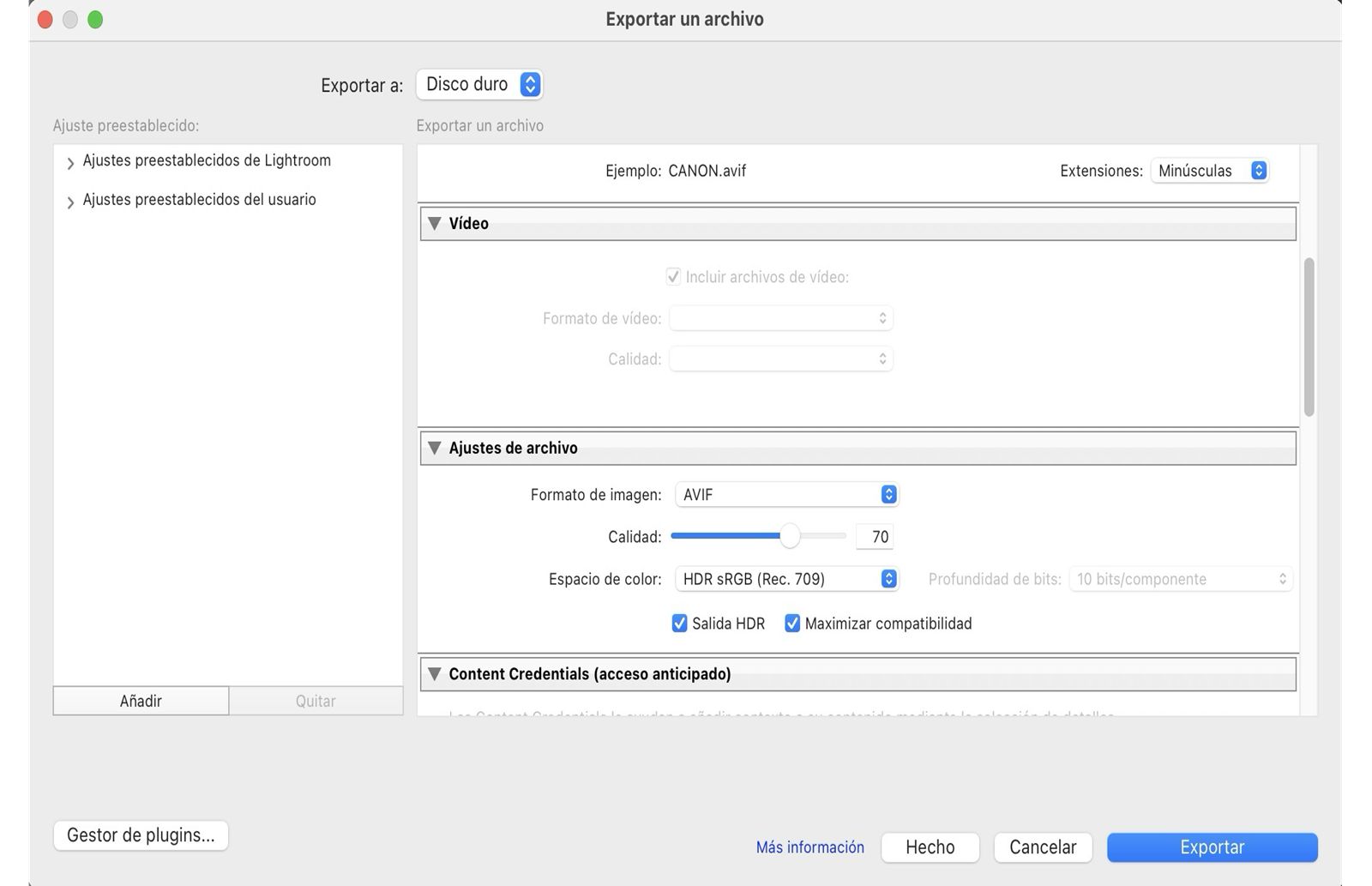 Exportar configuración HDR