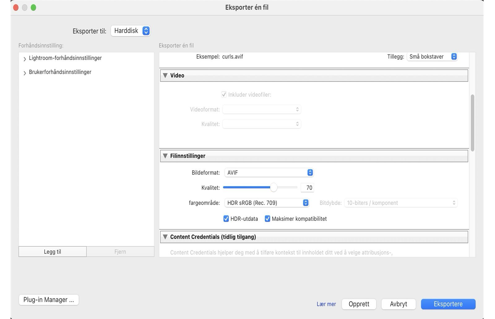 Eksporter HDR-innstilling