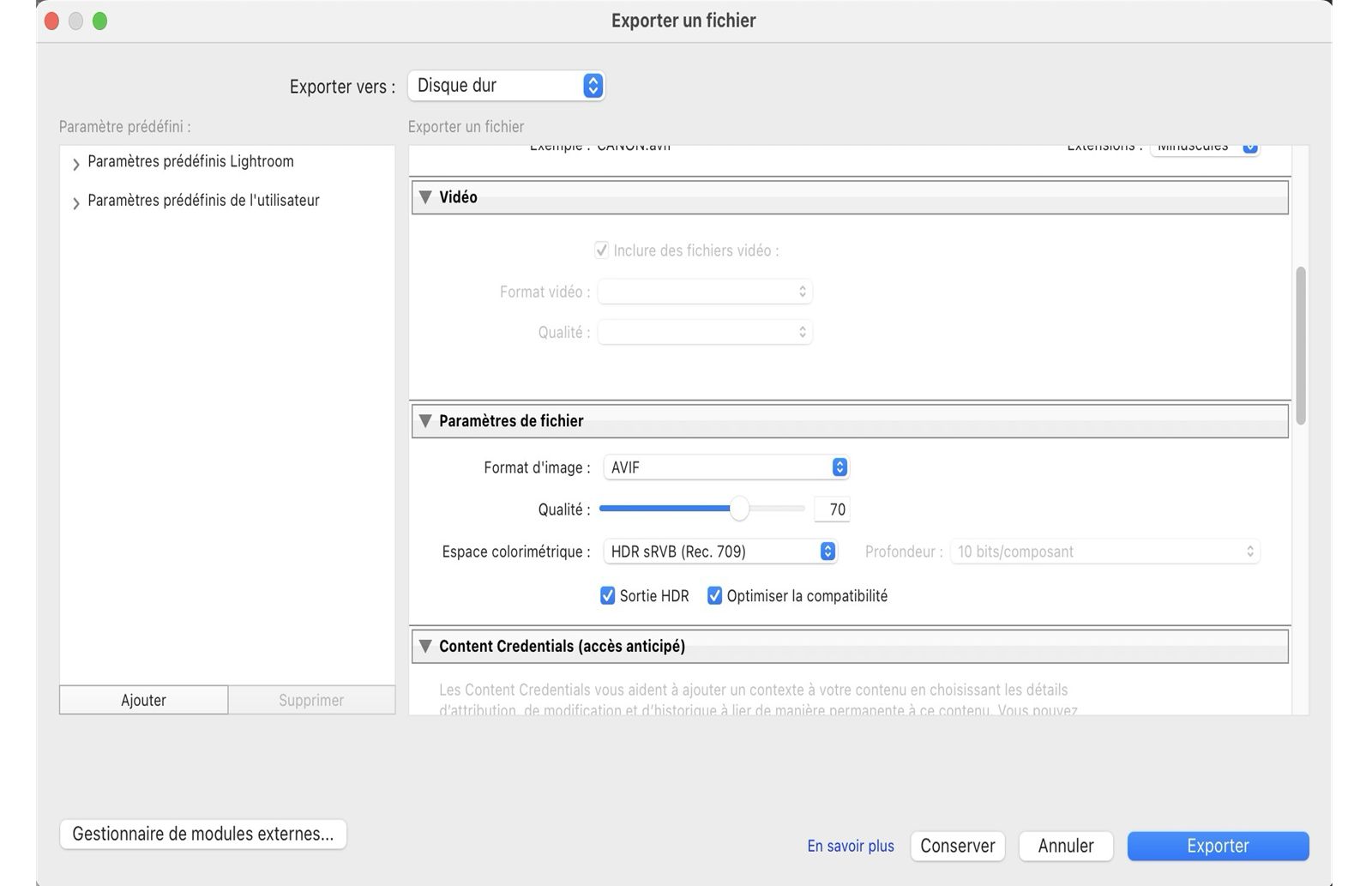 Réglage d’exportation HDR