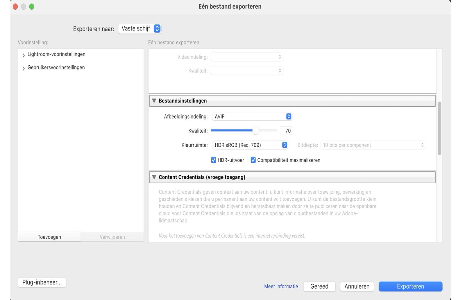 HDR-instelling exporteren